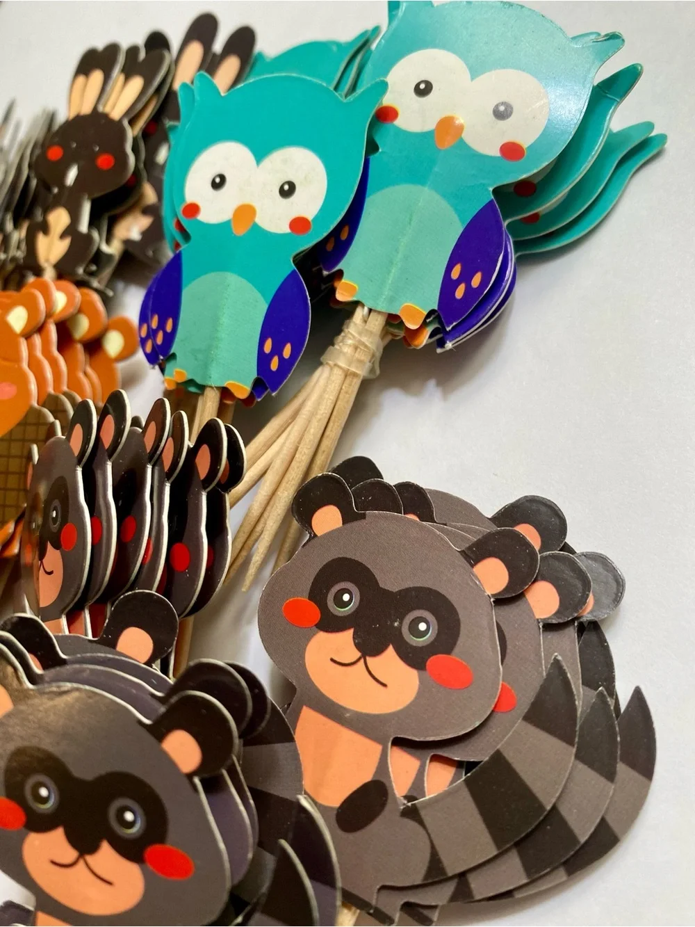 64 Woodland Animal Cupcake Toppers - Owl, Raccoon, Rabbit Party Picks